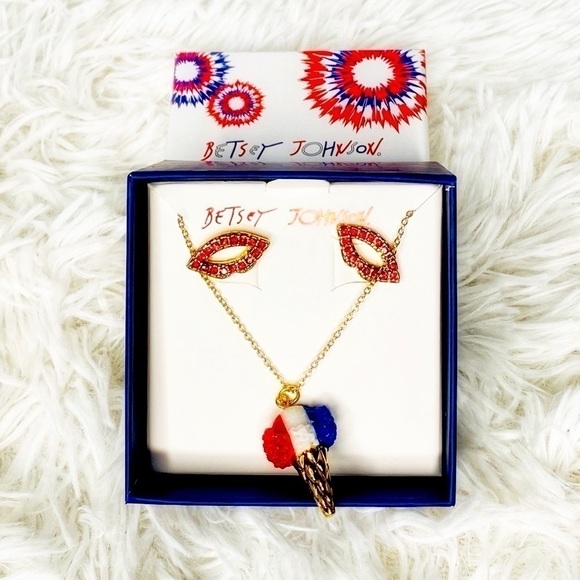 Betsey Johnson Earring and Necklace Red White and Blue Color - Picture 2 of 6